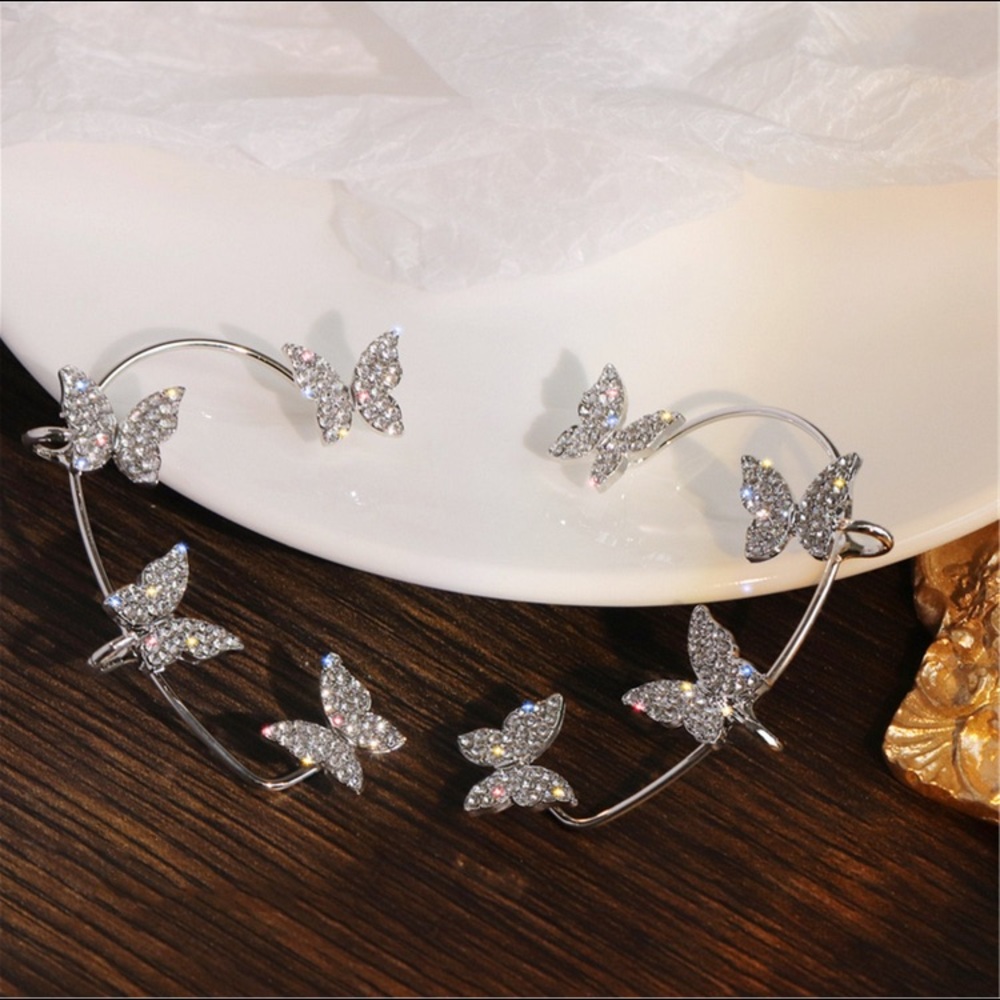 Butterfly Cuff Clip On Rhinestone Earring Set of 2 No Piercing